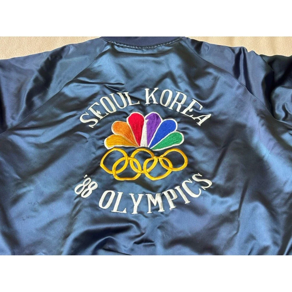 Vintage 1988 Seoul Korea Olympics Full Zip Blue Satin Bomber Jacket Size XL